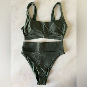 Aerie Dark Olive Green Ribbed Scoop Swim Top and High Cut bottoms